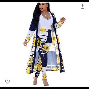 Elegant open front cardigan with striped pants